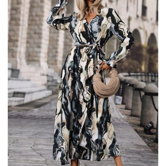 Belted Flounce Sleeve A-Line Marble Print maxi Dress - Picture 4 of 7